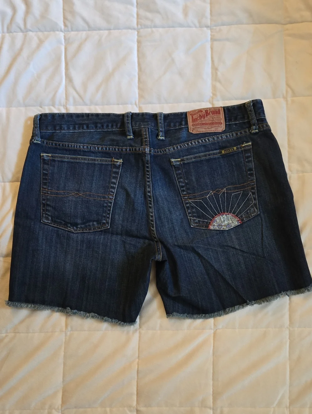 Lucky Brand Women's Dark Blue Denim Jeanshorts with Sunburst Pocket Embroidery